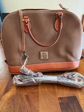 Dooney & Bourke Brown Pebble Leather Satchel w/ Tan Trim and Gold Hardware. NWOT